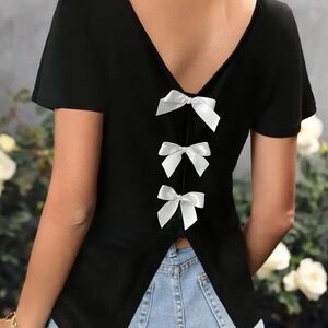 Black Short-Sleeve Tee with White Bow Back Detail